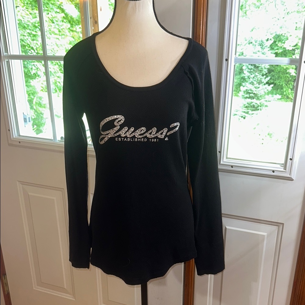 Guess Black Long Sleeve Knit Top with Logo